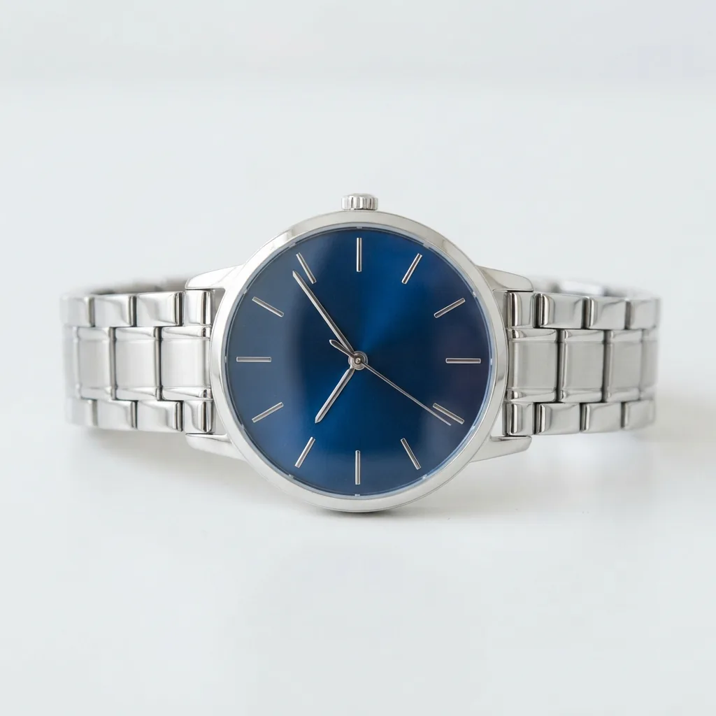 Coach Reese Blue Rectangular Dial Watch with Silver-Tone Stainless Steel Bracelet against a white background.