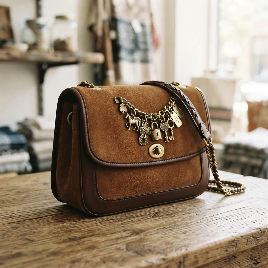 Chelsea Shoulder Bag 30 in brown suede and leather with pendant details.
