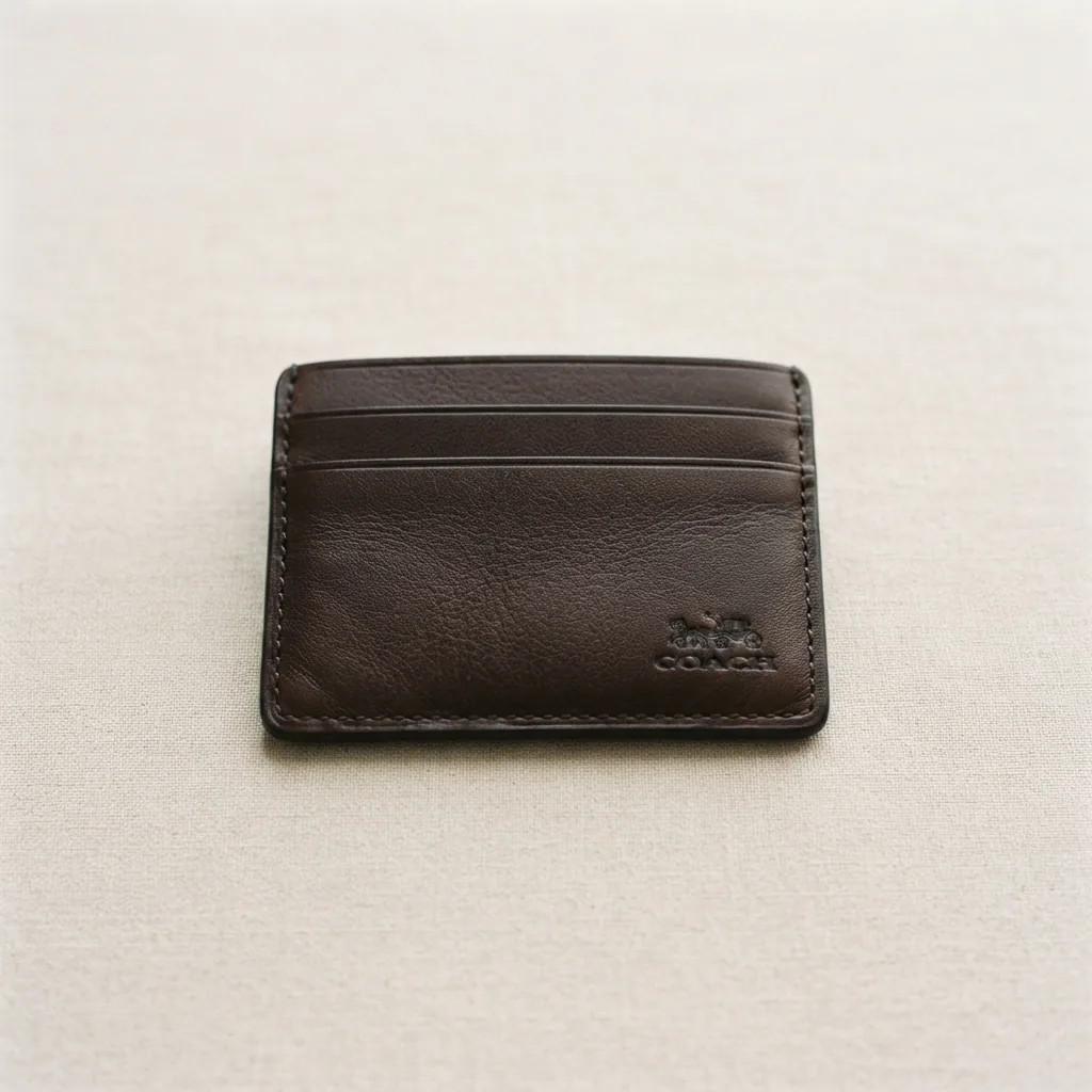 Coach Leather Card Case in high-quality leather with minimalist design and Coach logo.
