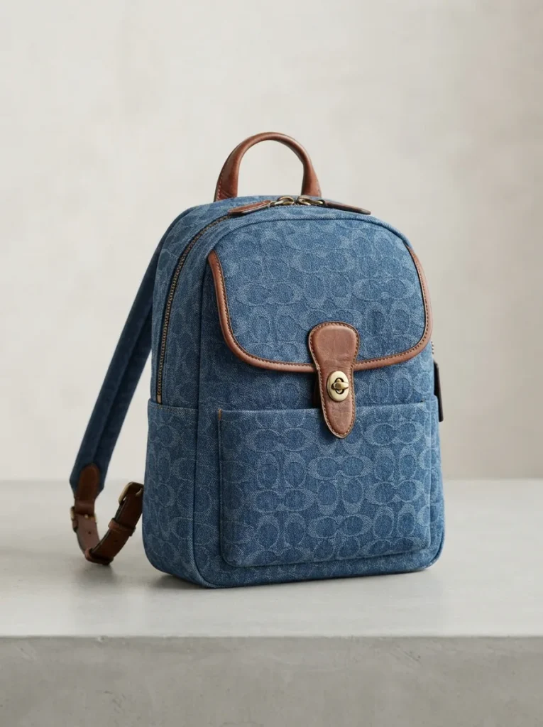 Front view of Coach Taylor Signature Denim Backpack in a lifestyle setting.