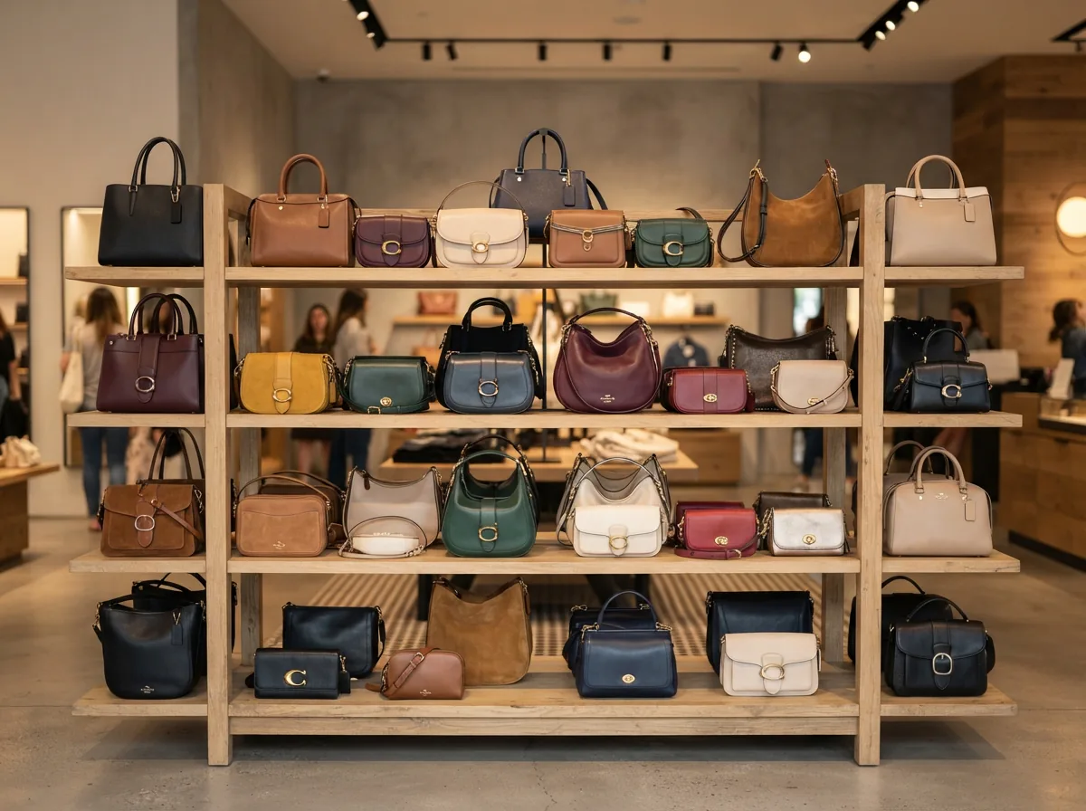 A variety of Coach purses arranged to show different styles