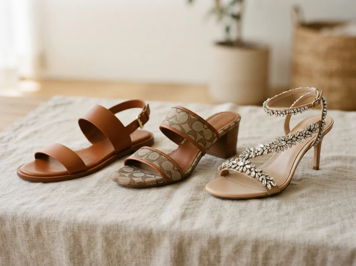 An overview of Coach sandal subtypes: leather, patterned, and embellished styles displayed together.