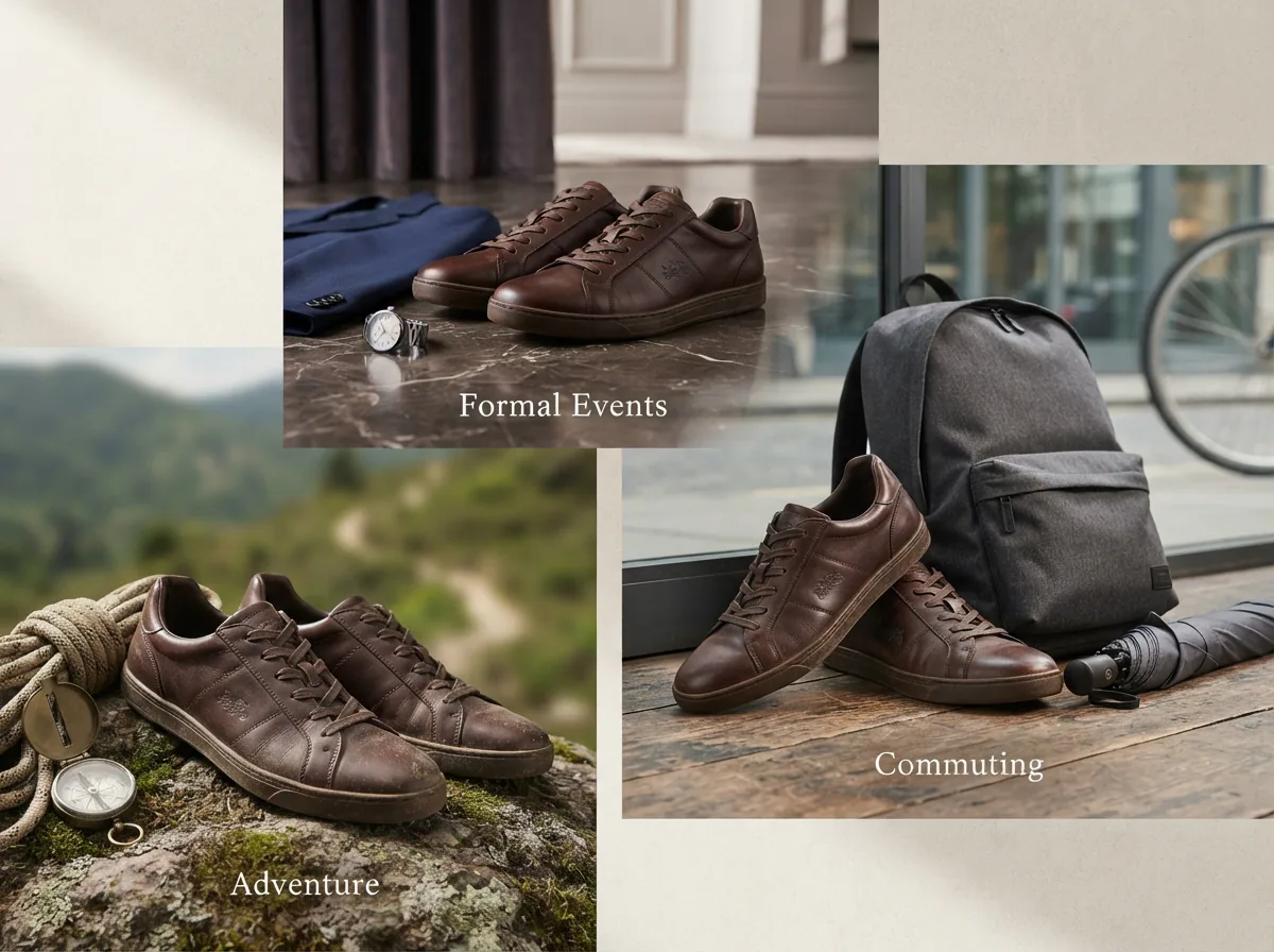 Coach shoes displayed in various use-case scenarios, such as a commuter setting, outdoor adventure, and formal event.