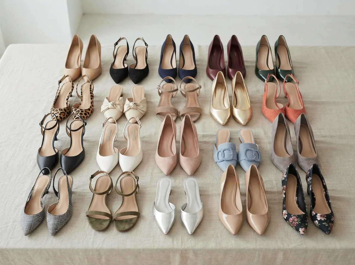 A collection showcasing different kitten heel subtypes including pumps, sandals, and slingbacks arranged for comparison.