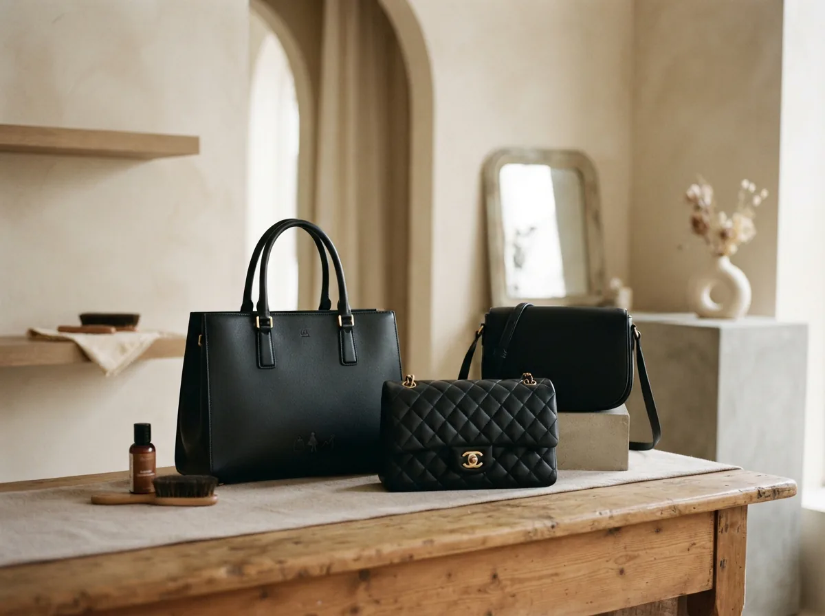 FAQ support scene for black handbag shopping concerns.