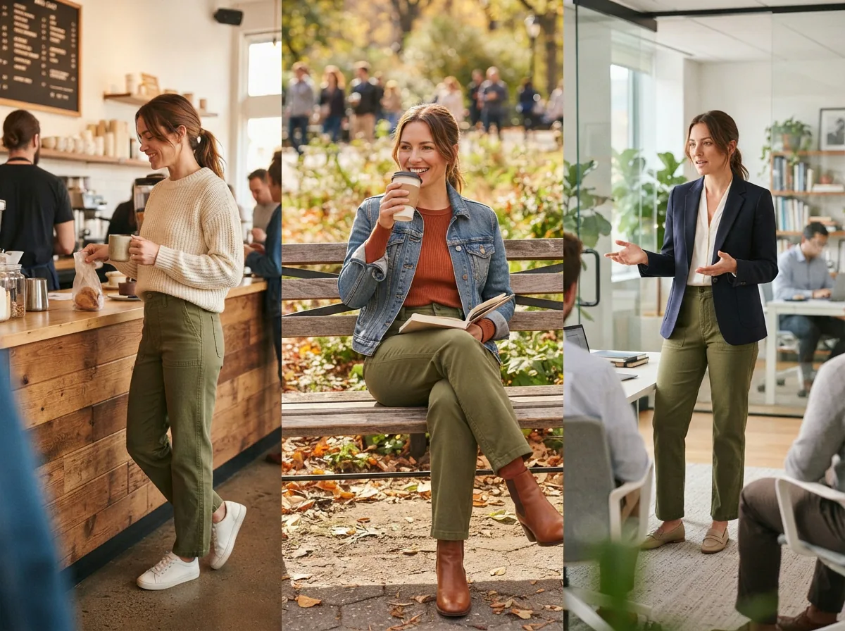 A scene showing the pants worn in different settings like a park, office, and café, illustrating use cases.