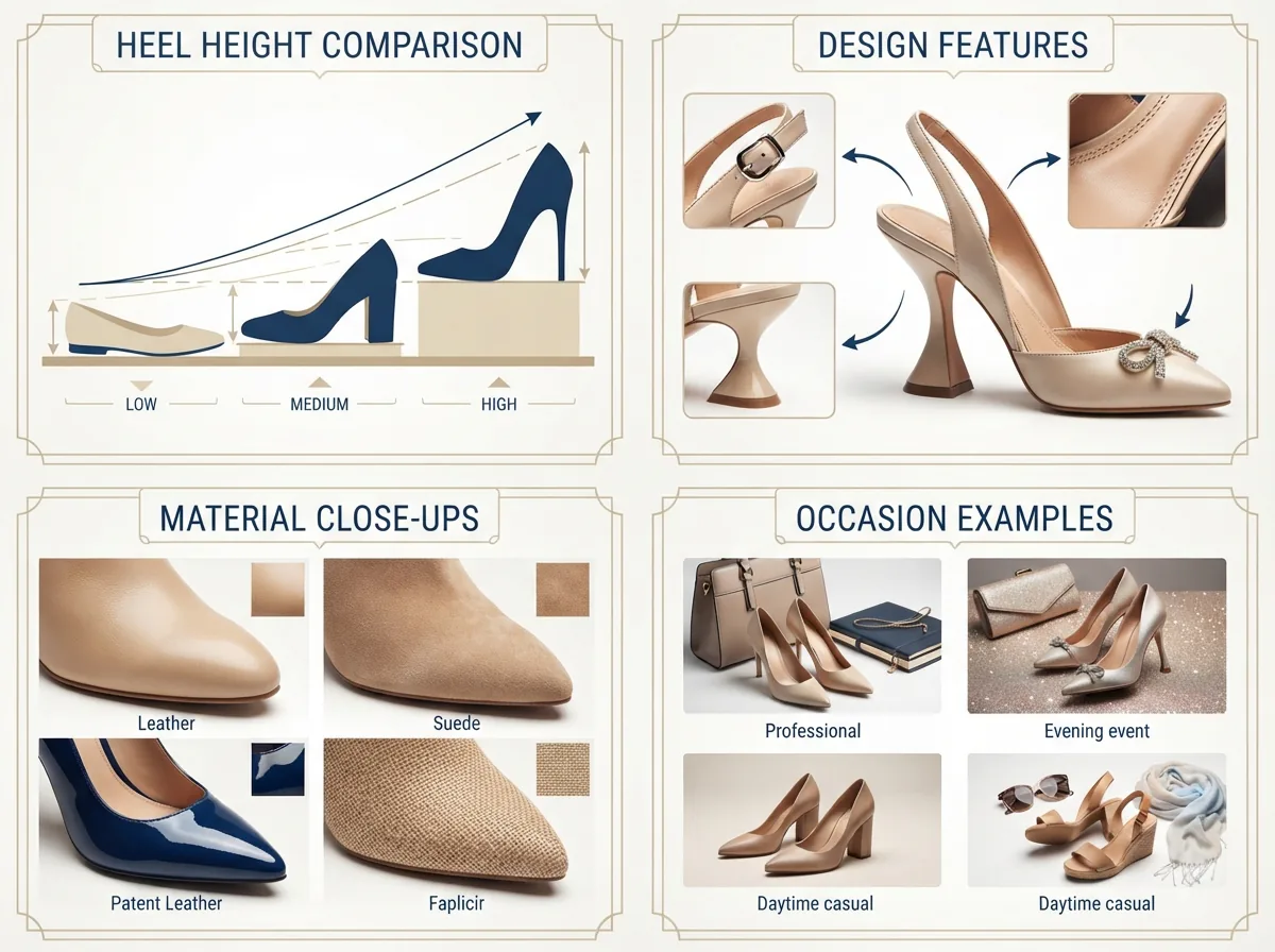 A visual guide showing different aspects of Coach heels, like heel types and materials.
