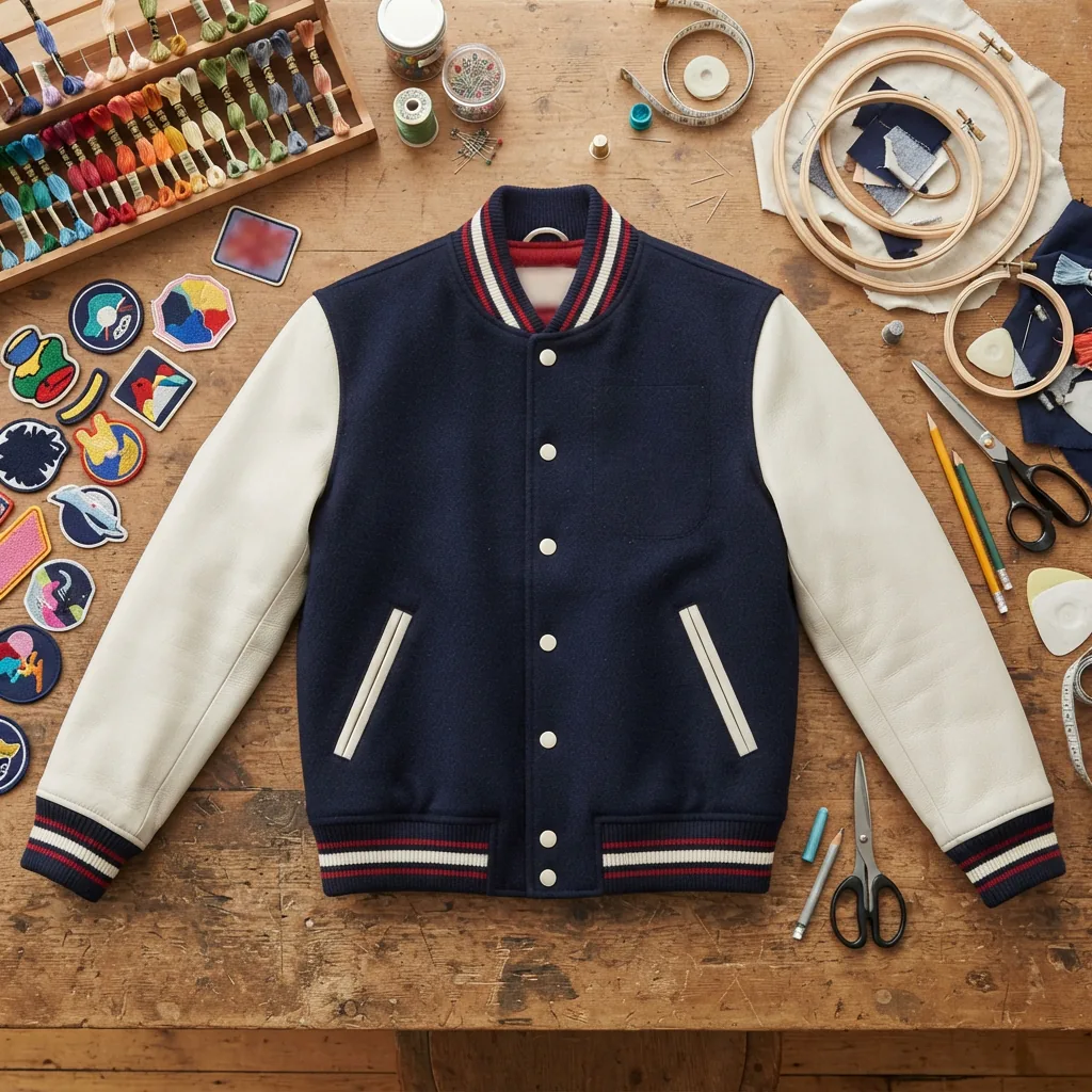 A flat lay of the Wool Varsity Jacket from Coach with various patches and embroidery supplies nearby.
