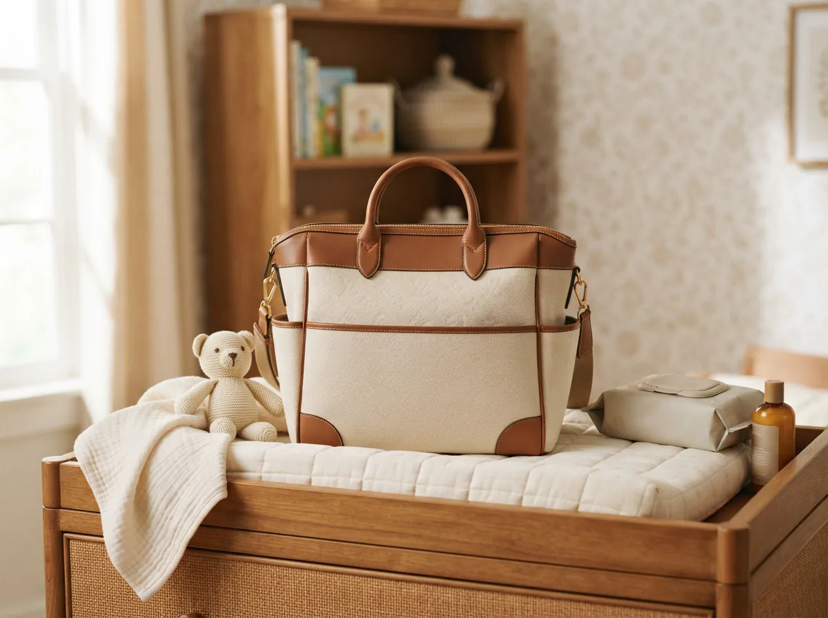 A Coach diaper bag placed on a nursery changing table with baby items, implying daily use.