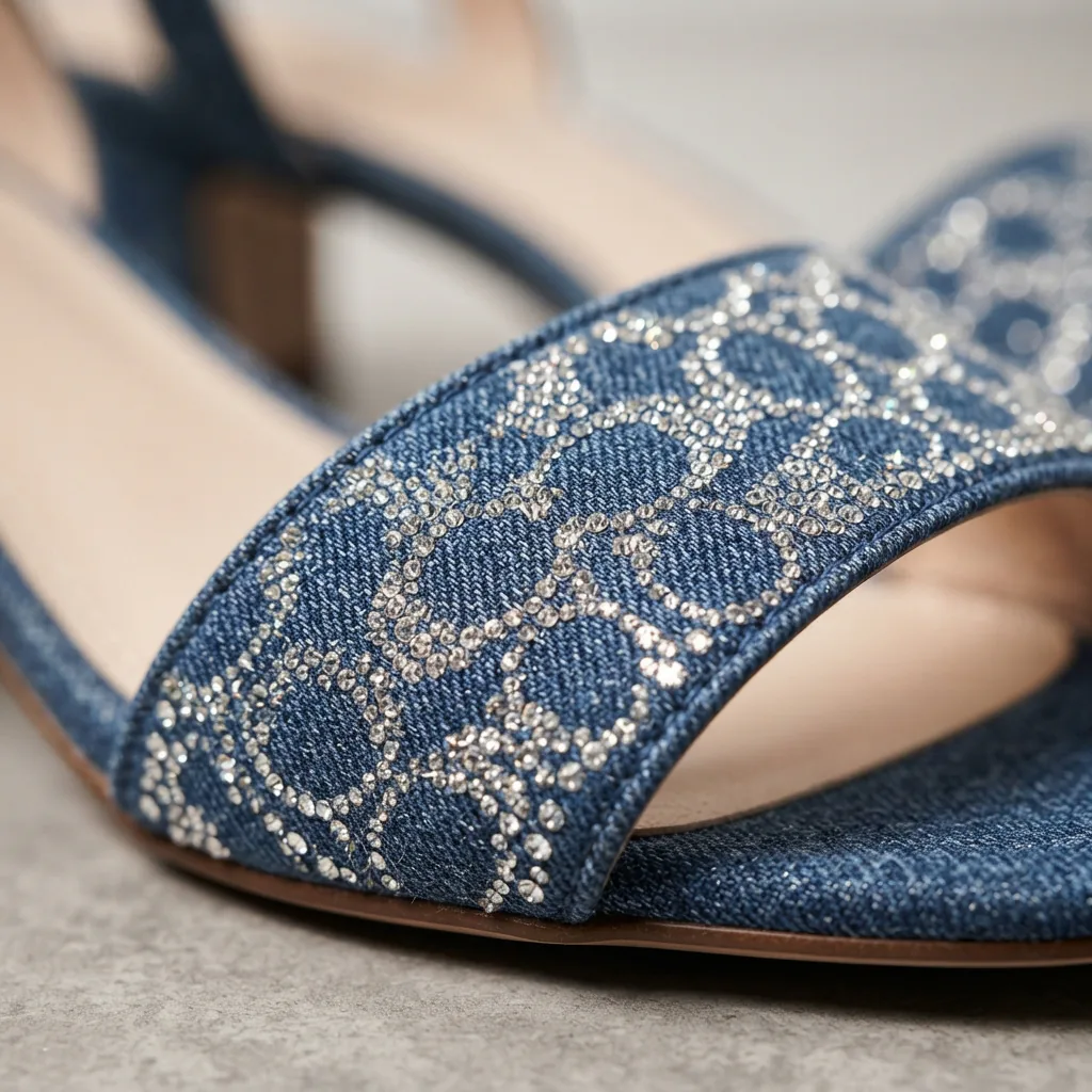 Close-up of the Coach Margot Sandal in crystal signature denim, focusing on the crystal embellishments.