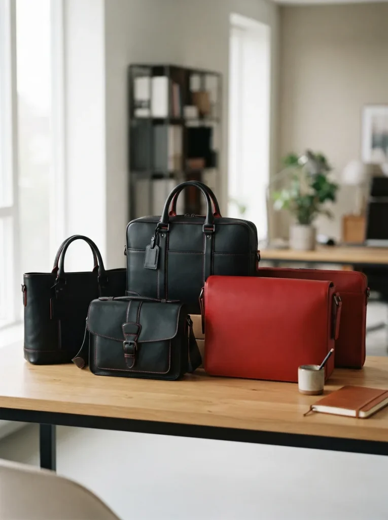 A sleek black and red Coach laptop bag displayed in a professional setting, showcasing Coach's leather craftsmanship and color contrast.