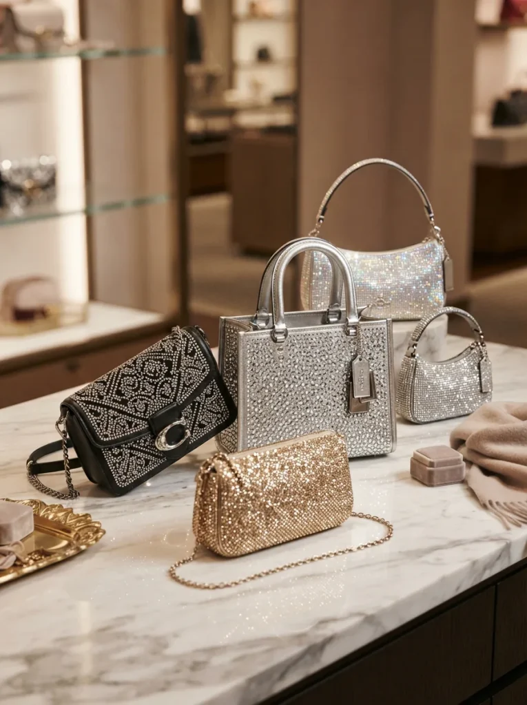 An elegant arrangement of Coach crystal-embellished bags on a marble surface, displaying different styles and crystal details.