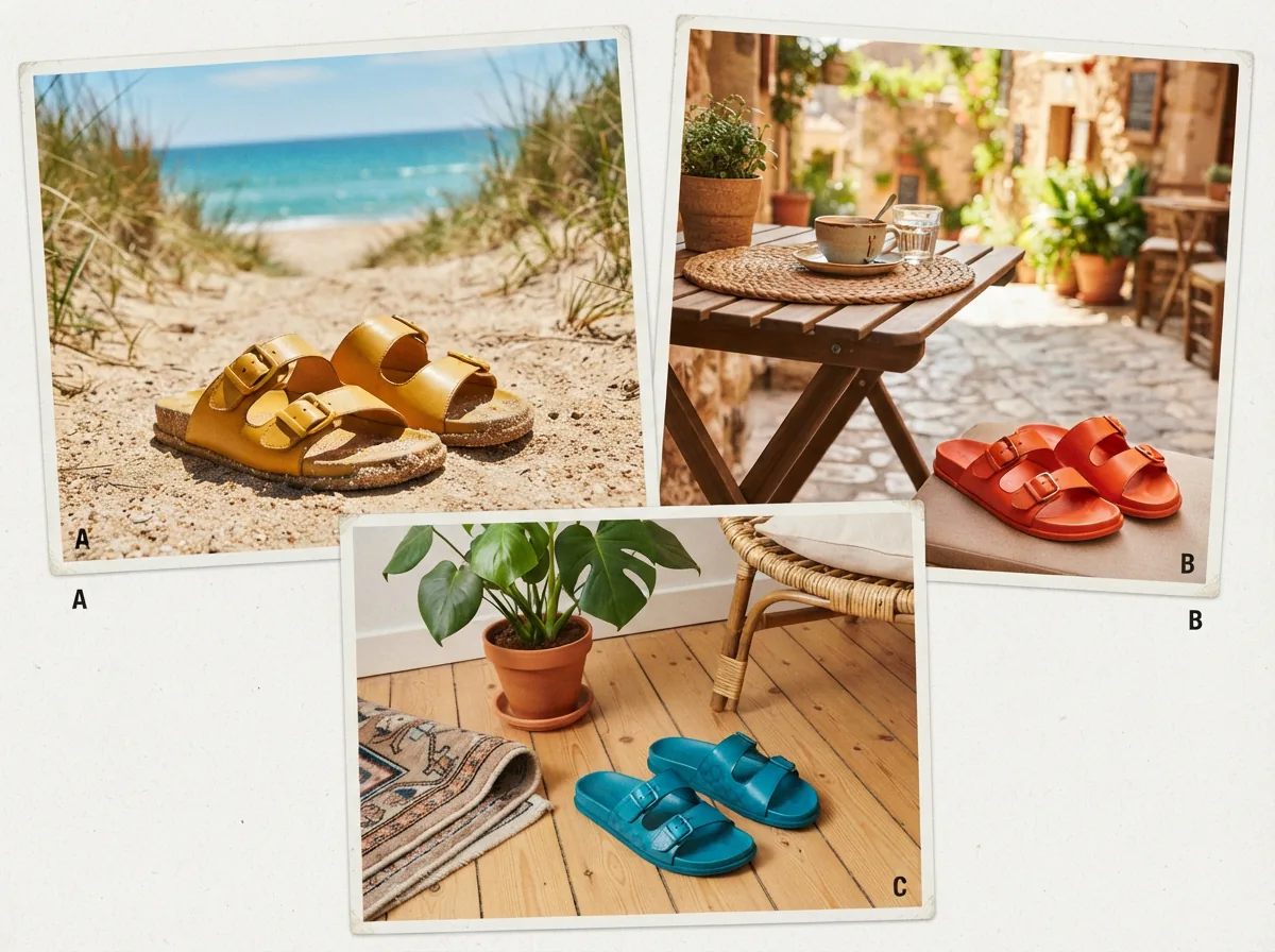 A lifestyle scene showing Coach slides in use across different casual settings.