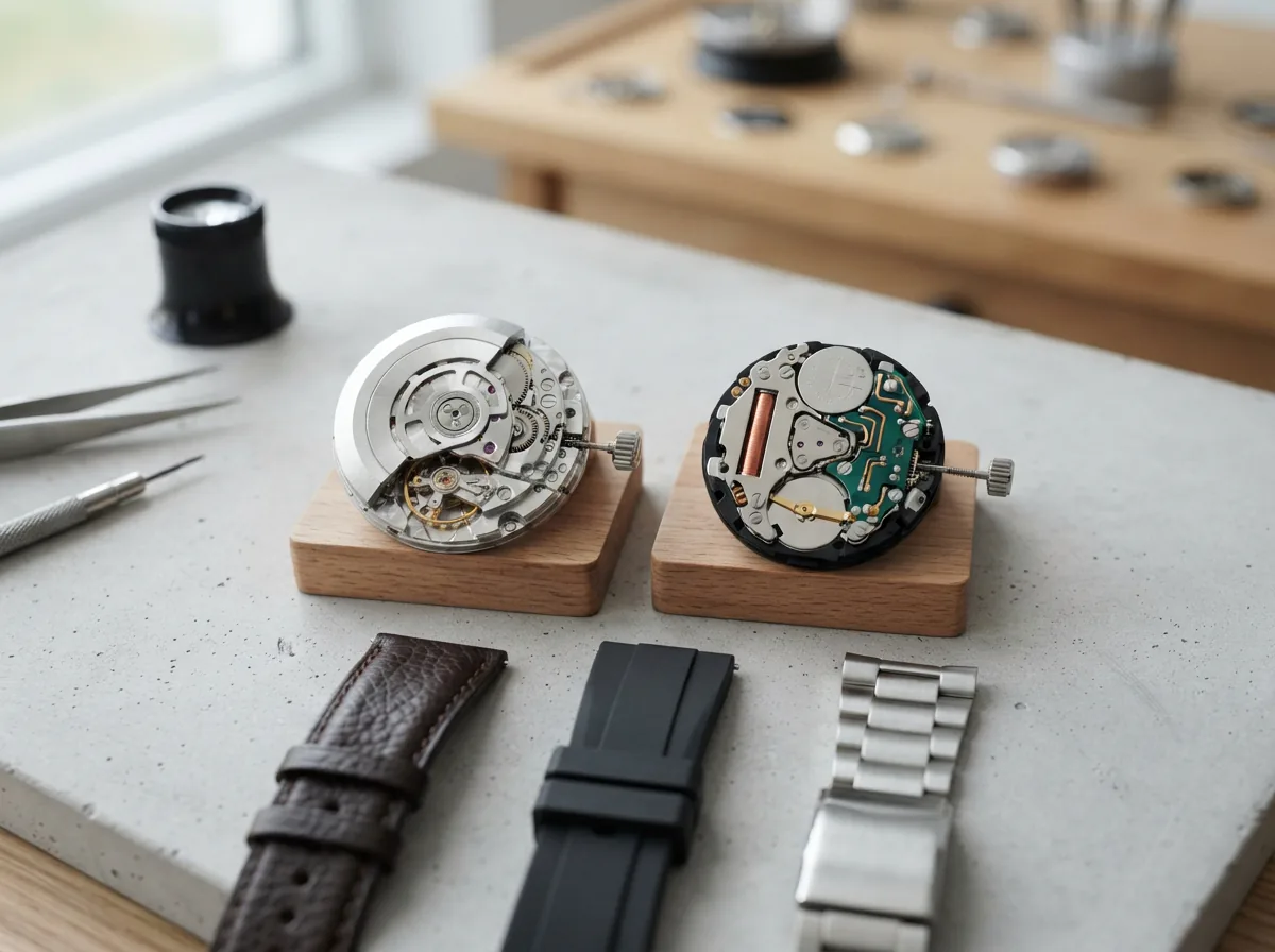 Comparison of chronograph watch movements and straps laid out for selection.