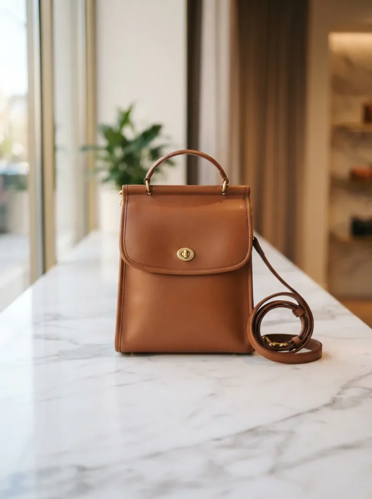 A sophisticated Coach leather shoulder bag resting on a marble surface with soft natural light.