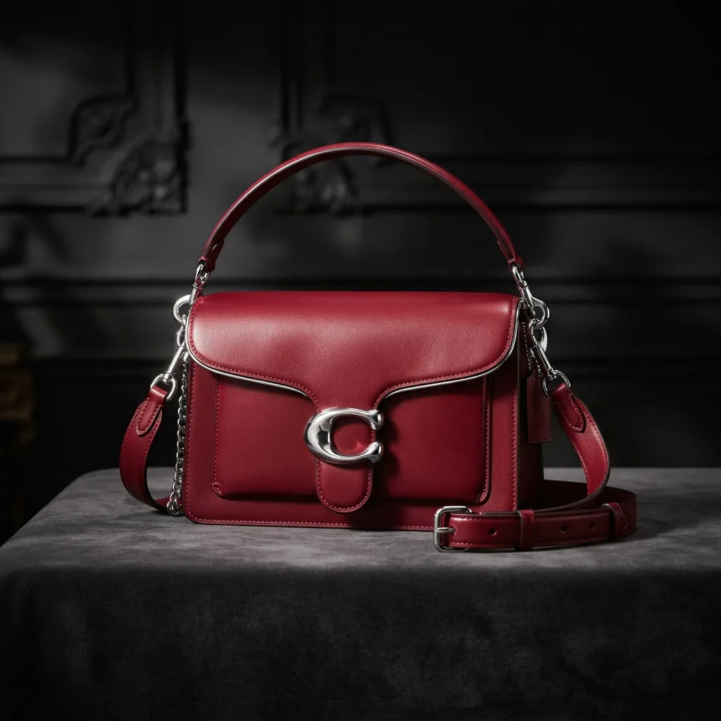Ruby red leather Coach Tabby Shoulder Bag 26 with silver hardware on a stylish backdrop.