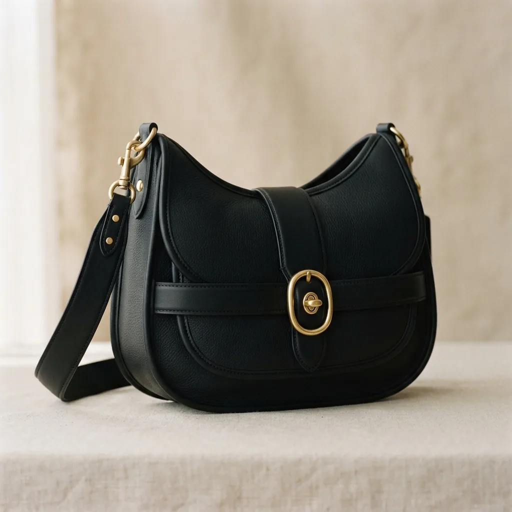 Belted Ergo Shoulder Bag by Coach in sustainable black leather with brass elements.