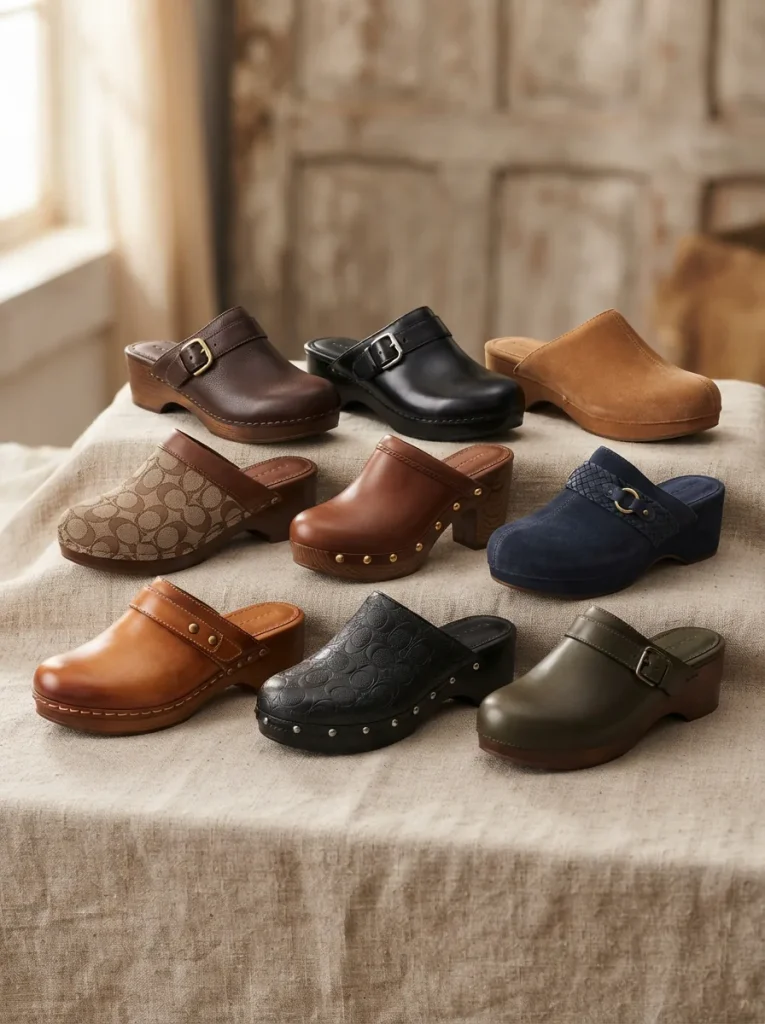 Assortment of Coach clogs displayed on a clean background.